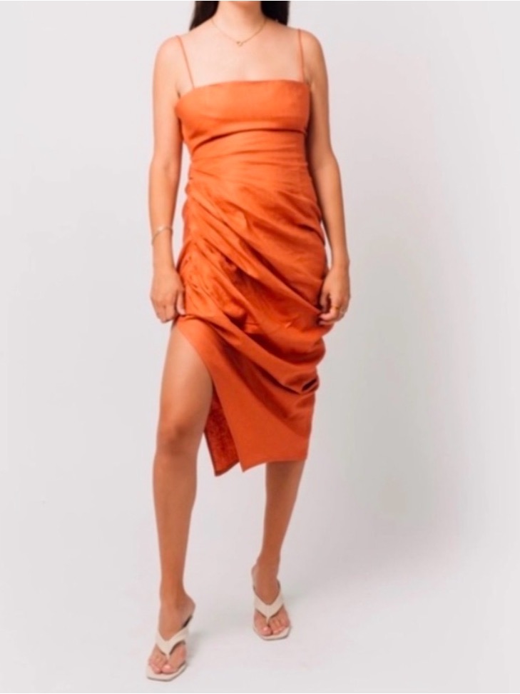 Ruched Satin Midi Dress In Burnt Orange